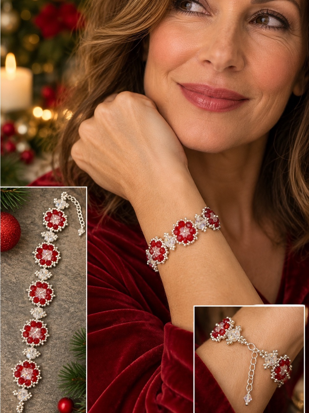Hand Crafted Red Floral Crystal Holiday Bracelet - Women's Jewelry